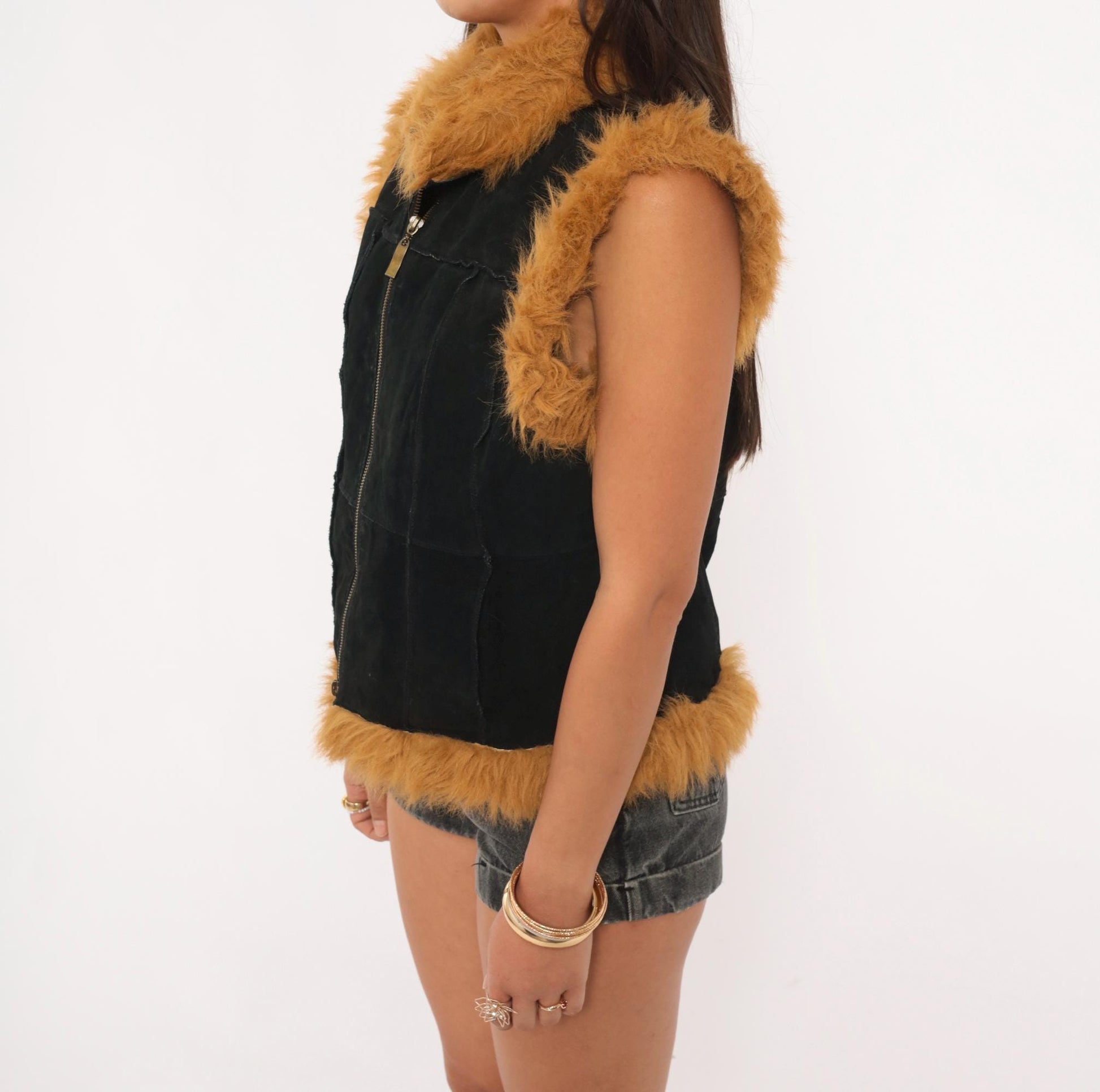 Y2K Jennyfer J Black Leather Vest Tan Faux Fur Trim Zip Front Medium
