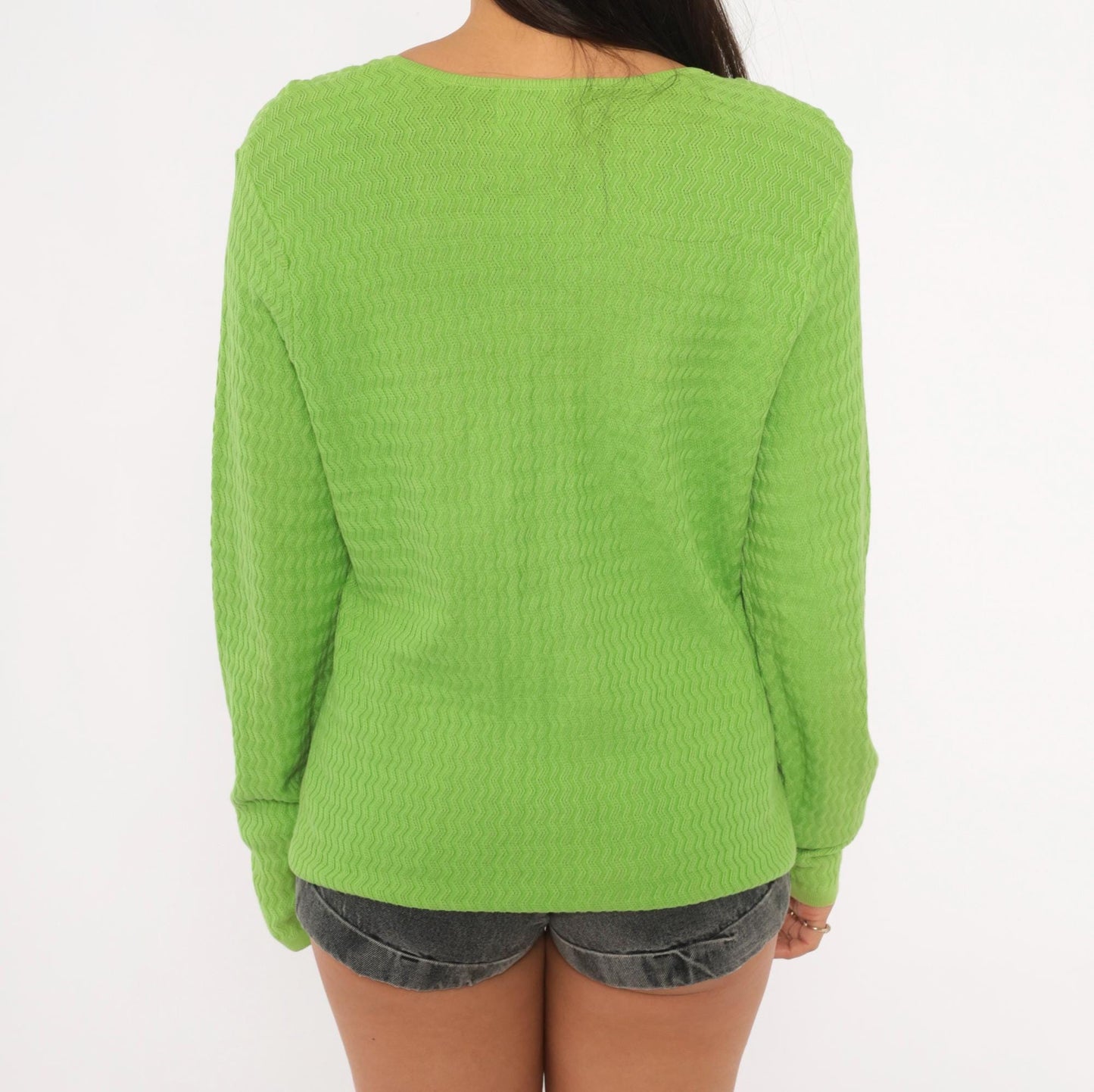 90s Sag Harbor Lime Green Chevron Cardigan Pink Button Pockets Medium M