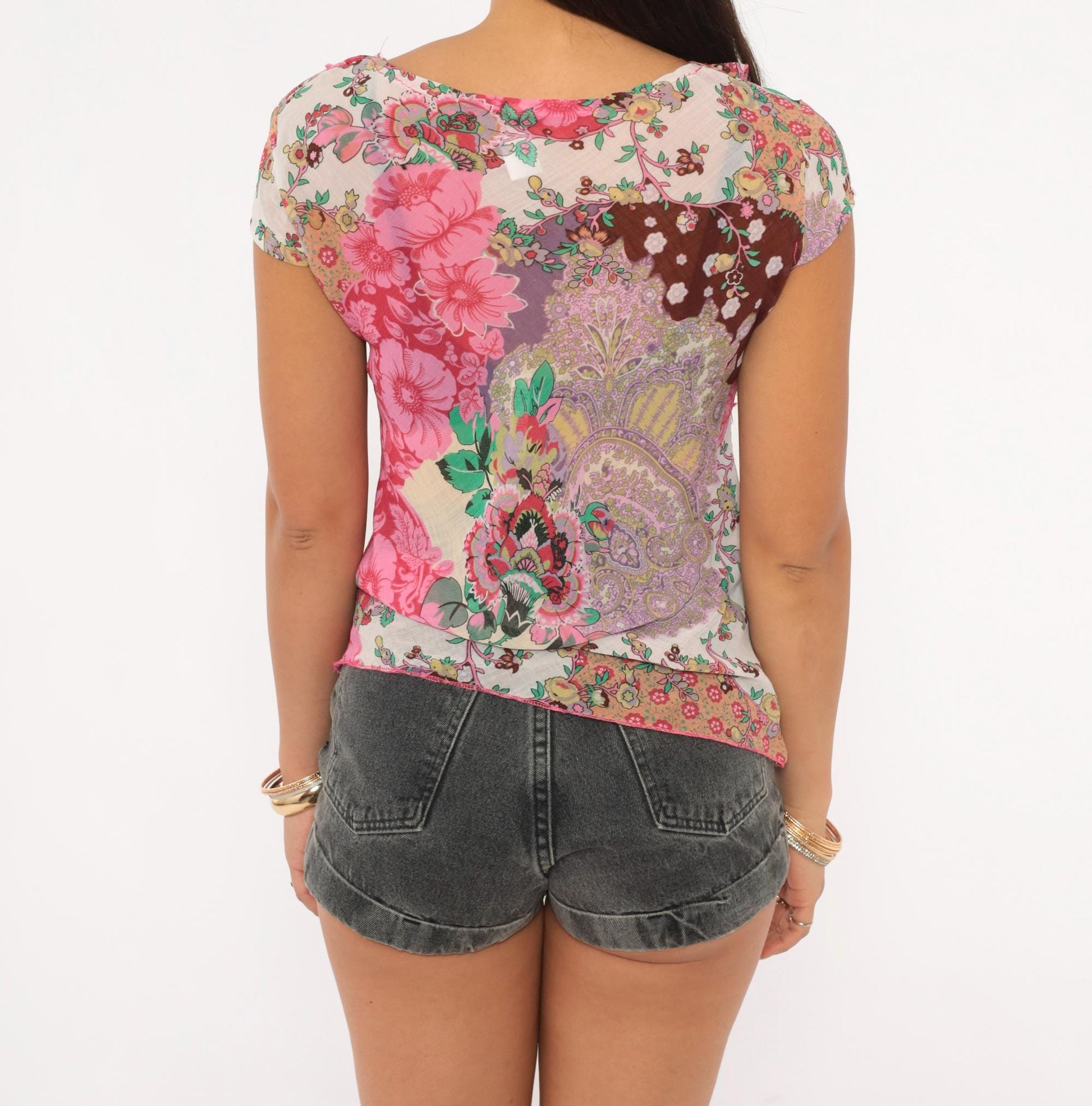 Y2K Patchwork Floral Blouse Pink Lavender Cap Sleeve Ruffle Lace Large L