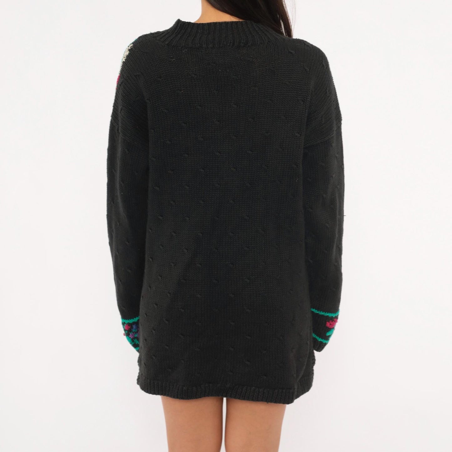 90s Signatures Black Alphabet Floral Knit Sweater Cable Knit Pullover Small S