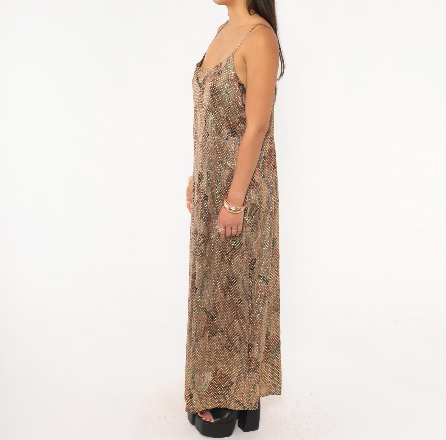 90s Metallic Shimmer Maxi Slip Dress Tan Burgundy Floral Gold Spaghetti Strap Large L
