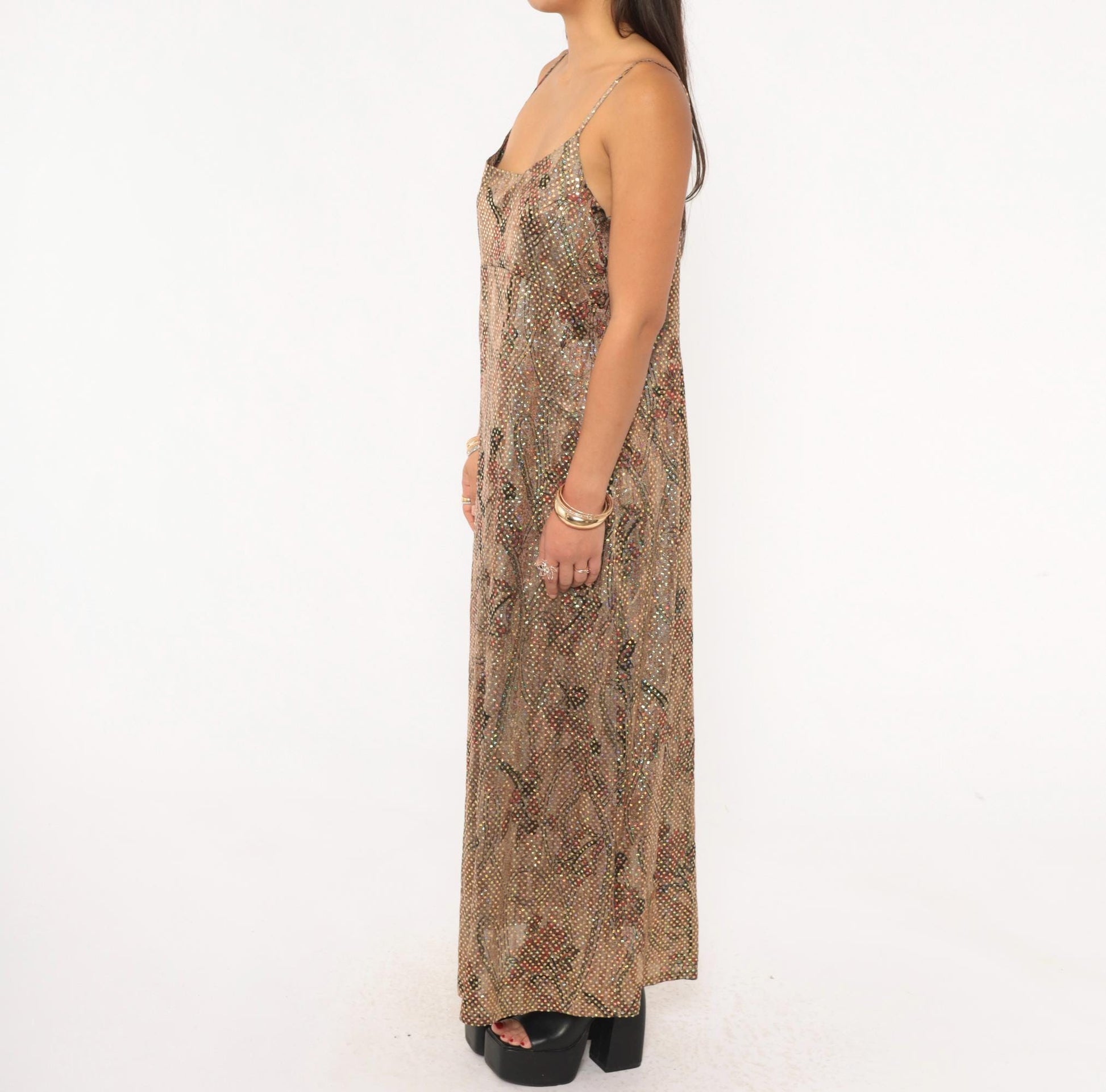 90s Metallic Shimmer Maxi Slip Dress Tan Burgundy Floral Gold Spaghetti Strap Large L