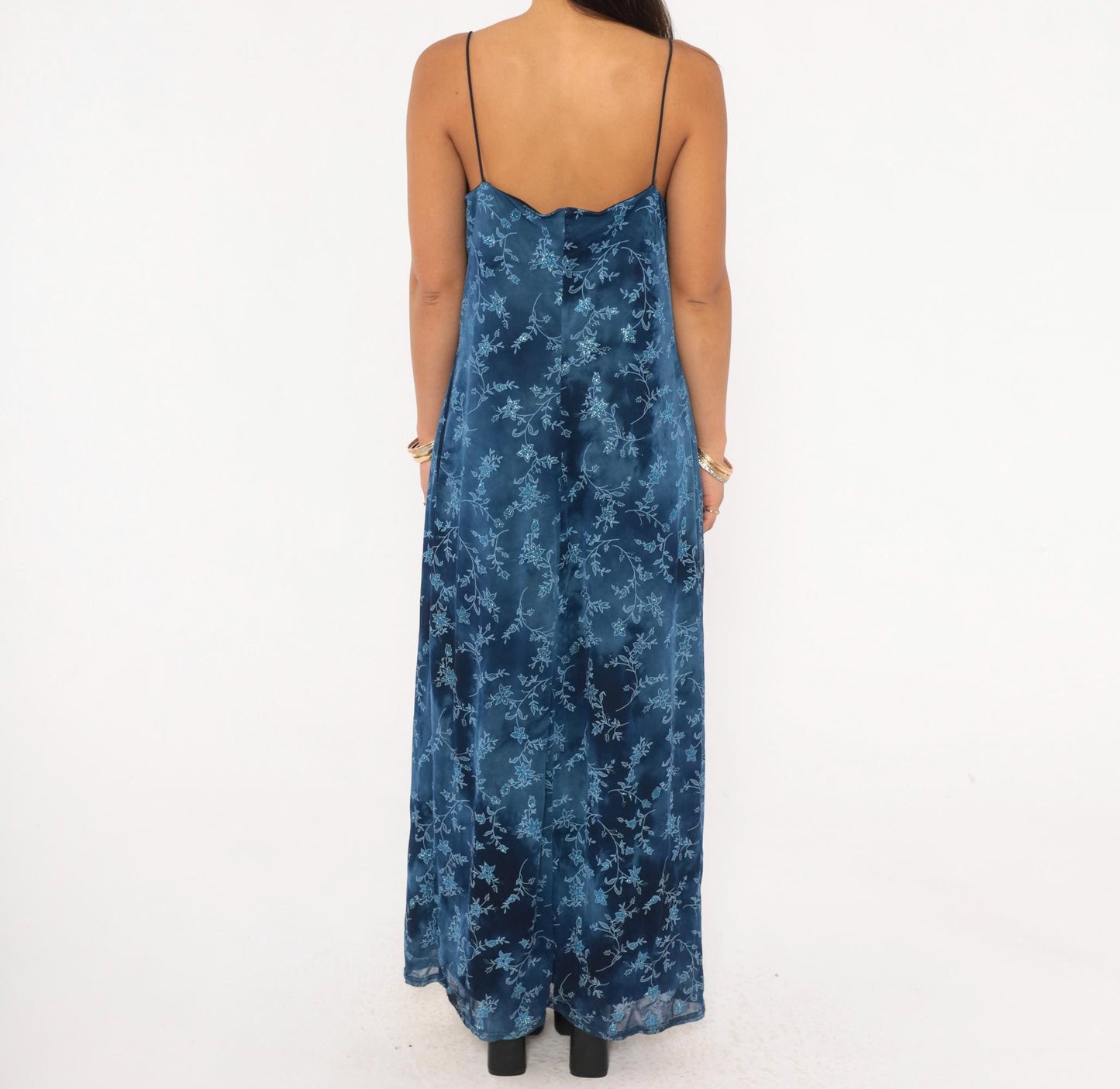 90s Jodi Michaels Navy Floral Maxi Slip Dress Glitter Sweetheart Neckline Large L