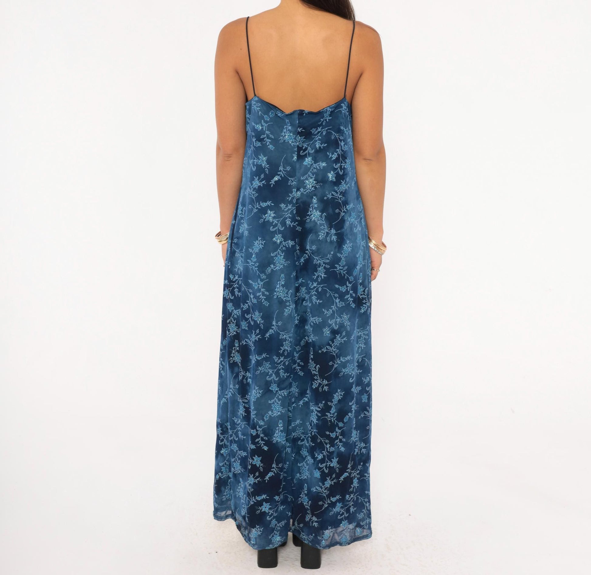 90s Jodi Michaels Navy Floral Maxi Slip Dress Glitter Sweetheart Neckline Large L