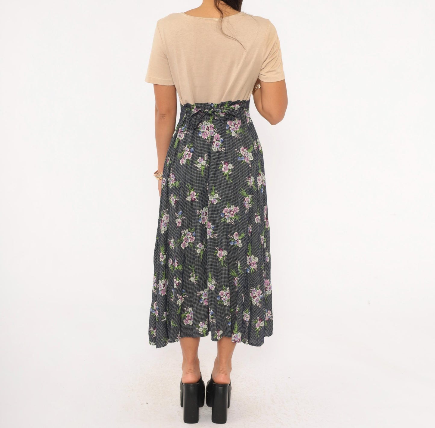90s Gianfranco Bassi Floral Midi Dress Navy Bouquet Sand Bodice Medium