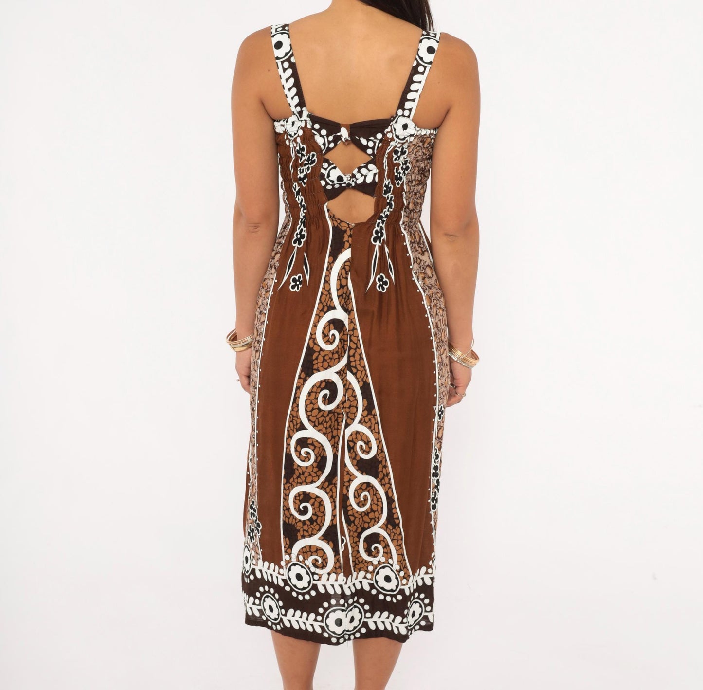 2000s Batik Sundress Brown White Floral Square Neck Cutout Small Medium
