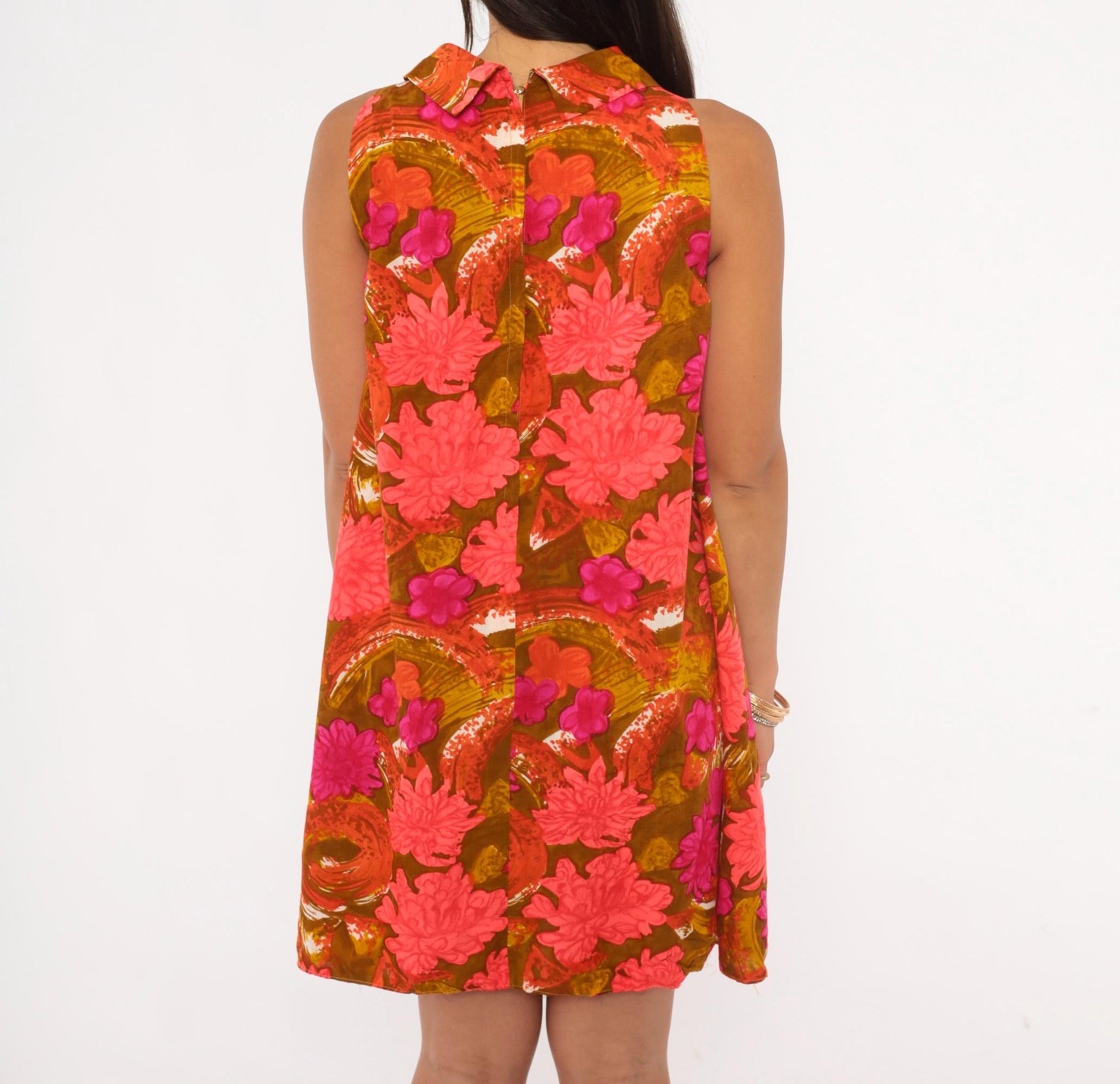 70s Psychedelic Floral Shift Dress Pink Magenta Cowl Neck Mini Cotton Small