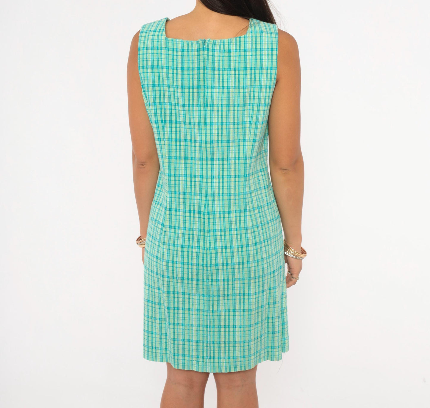 90s Elliott Lauren Plaid Shift Dress Aqua Green Check Square Neck Large L