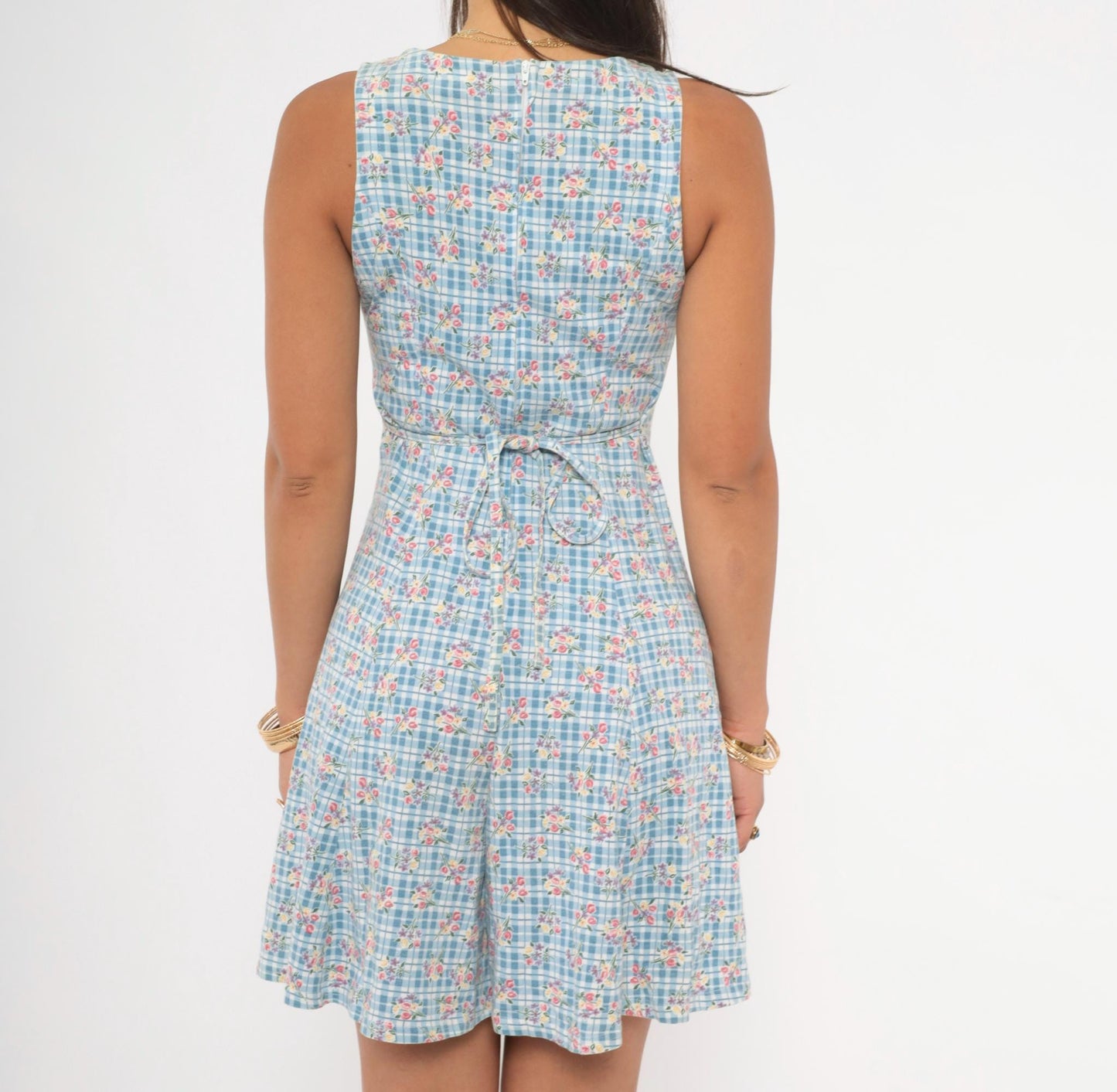90s Blue Gingham Floral Playsuit Romper Mini Sleeveless Small S