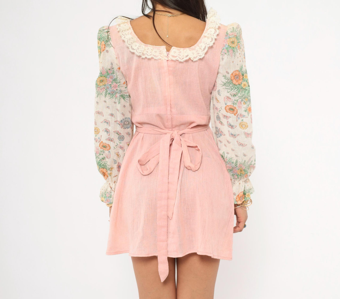 70s Floral Butterfly Mini Dress Pink Cream Puff Sleeve Square Neck Cotton Small