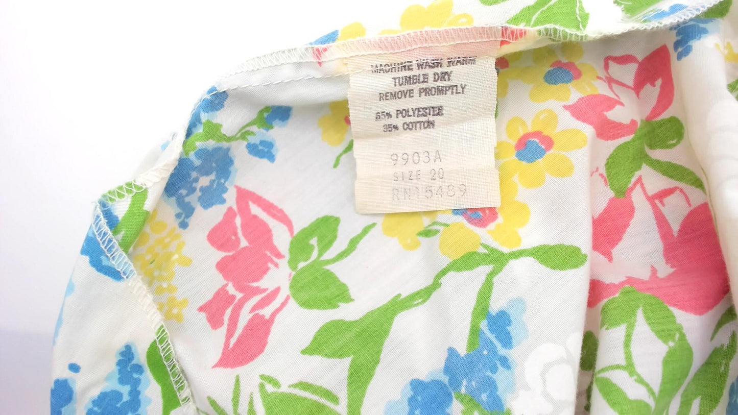 70s New Perspective Floral Midi Sundress Square Neck Pleated Cotton Pink Blue Large L