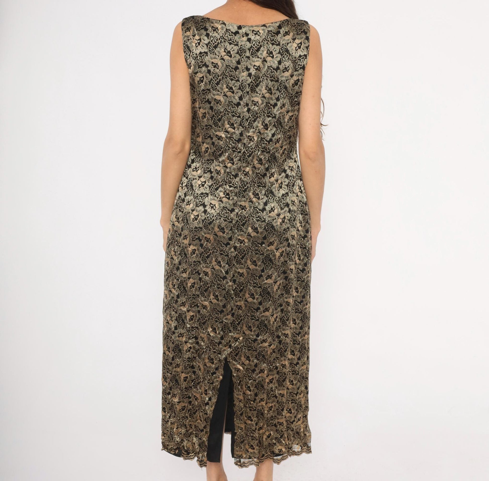 90s Jessica Howard Gold Floral Lace Maxi Dress Black Sleeveless Large L