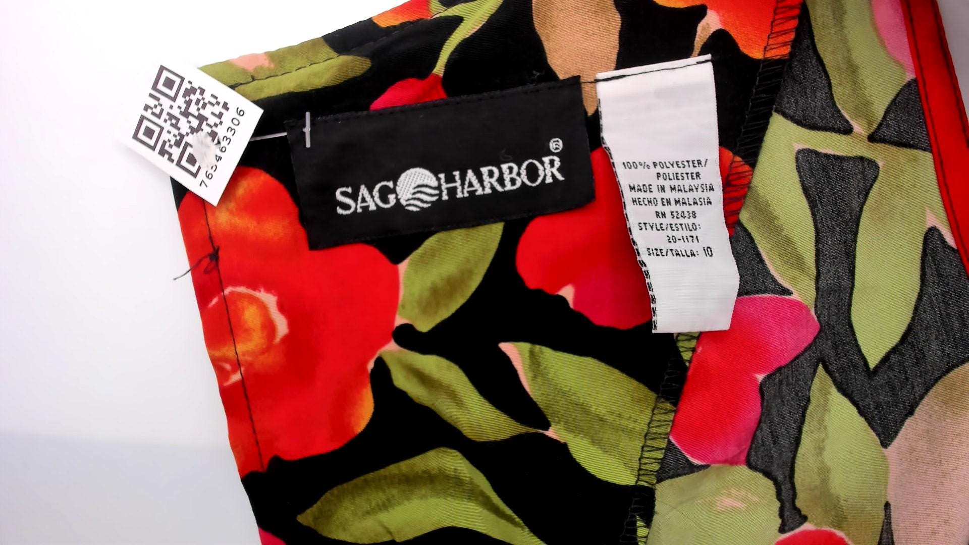 90s Sag Harbor Floral Wrap Dress Knee Length Black Red Tropical Medium M