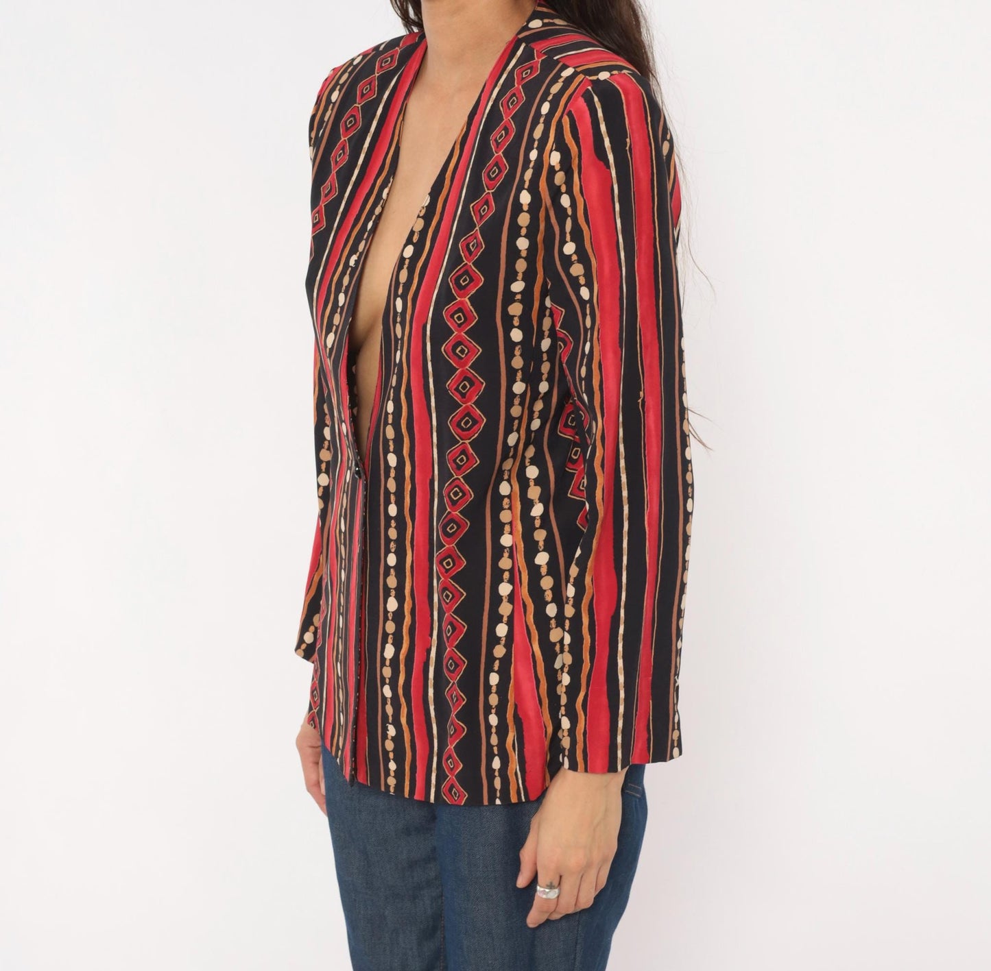 90s Southern Lady Tribal Stripe Blazer Collarless Geometric Black Small