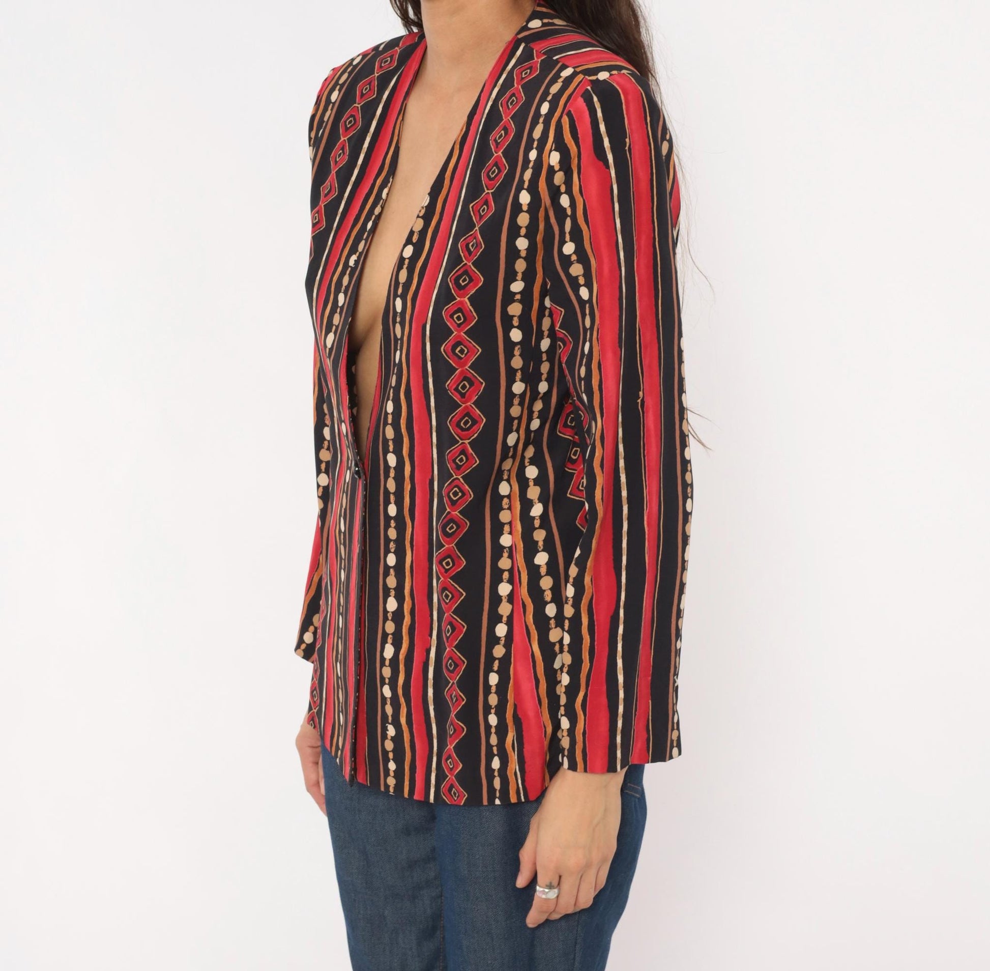 90s Southern Lady Tribal Stripe Blazer Collarless Geometric Black Small