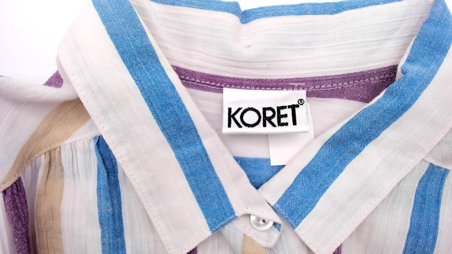 80s Koret Vertical Stripe Button Front Blouse Cream Purple Blue Tan Extra Large XL
