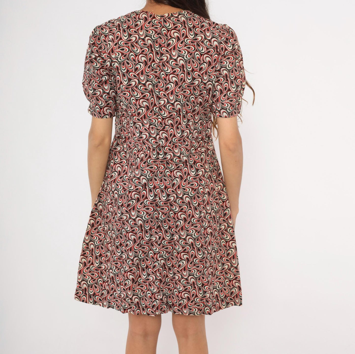 90s Psychedelic Swirl V-Neck Puff Sleeve Dress Red Black White Cotton Large L