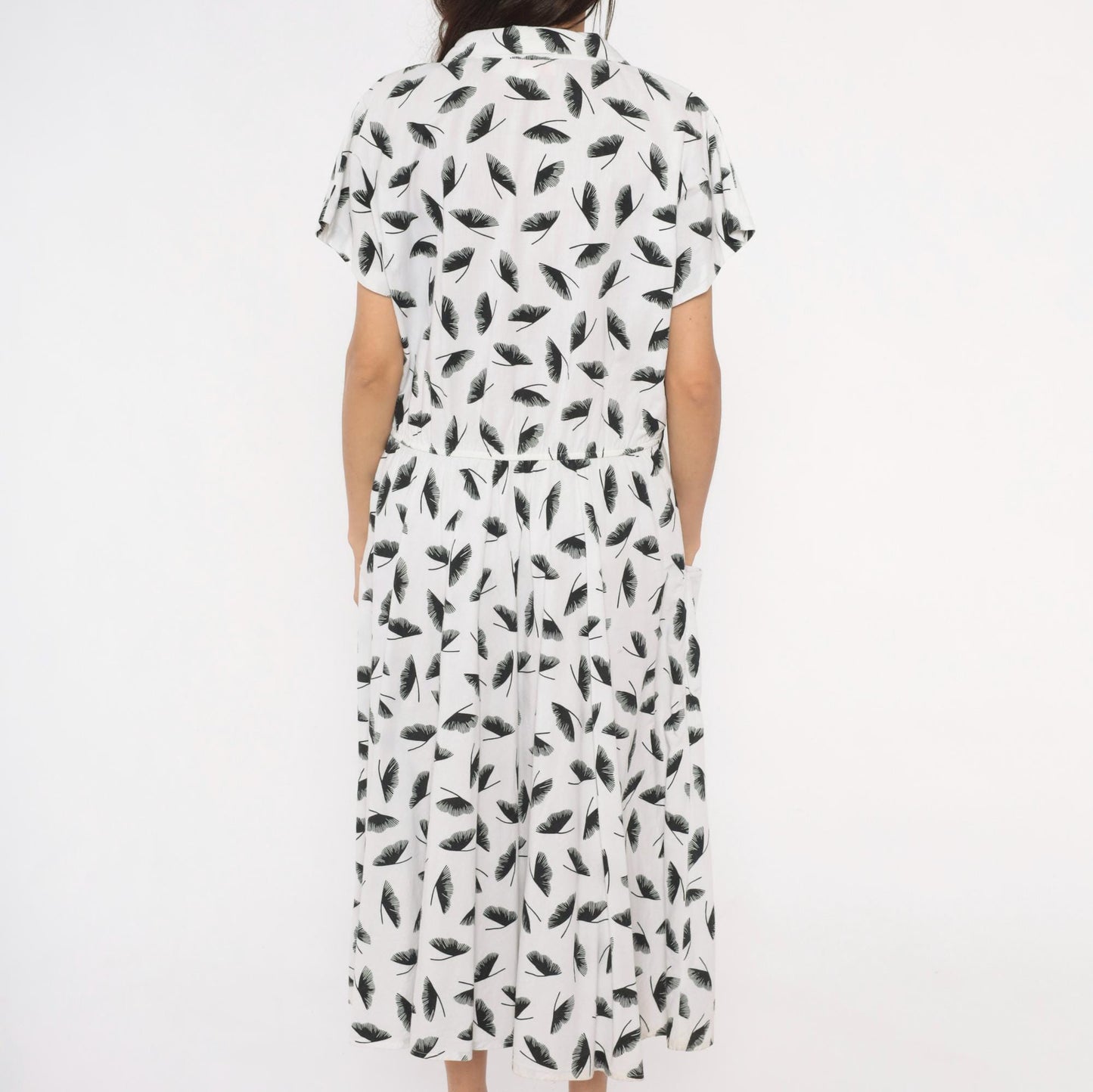 80s Lady Carol Feather Print Shirtdress White Black Cotton Midi Large L