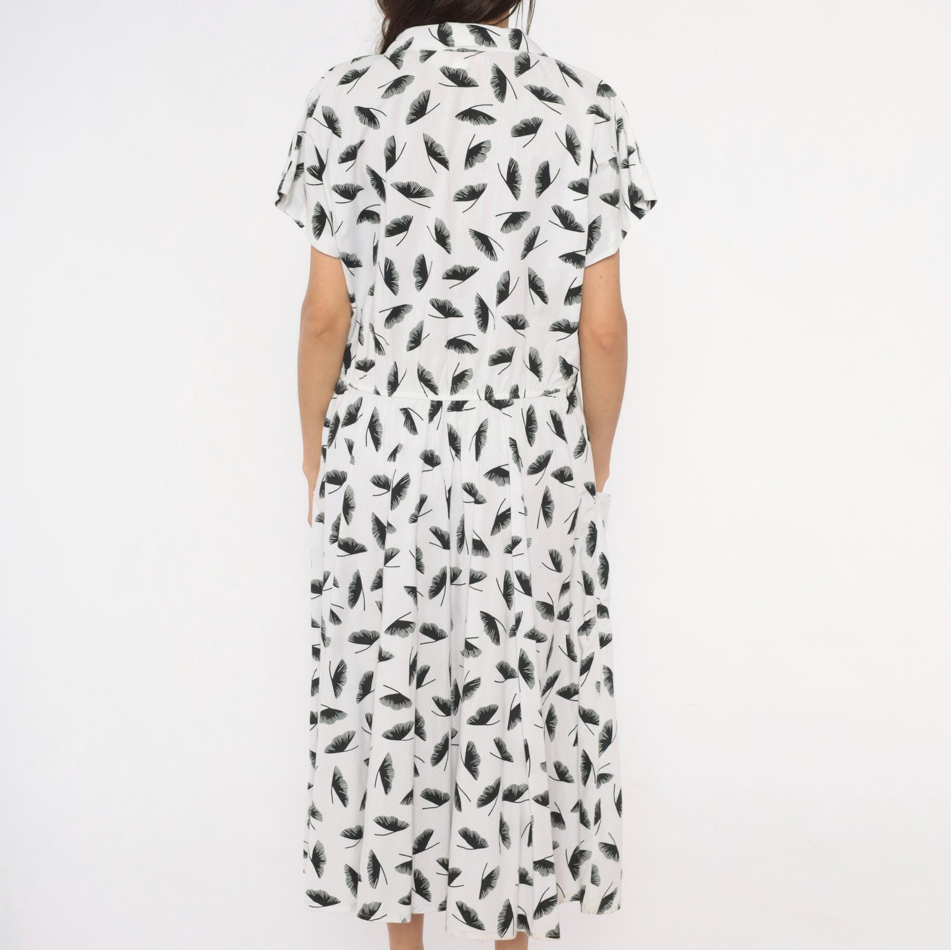 80s Lady Carol Feather Print Shirtdress White Black Cotton Midi Large L