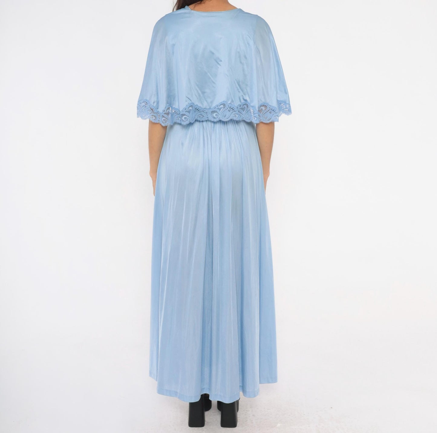 70s Lily of France Powder Blue Maxi Robe Wrap Nylon Lace Trim Small S
