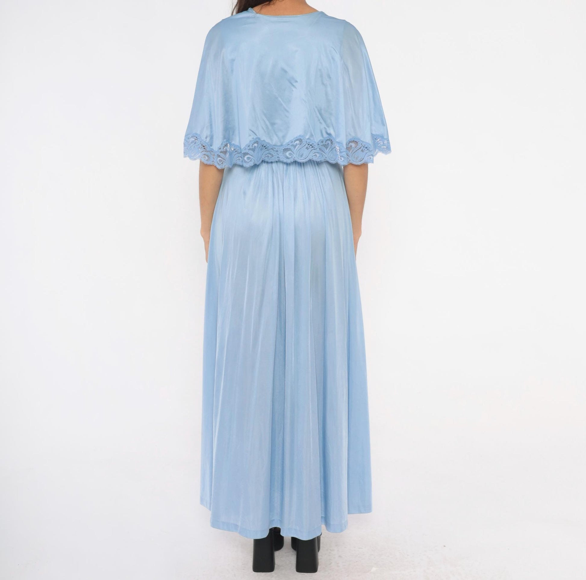 70s Lily of France Powder Blue Maxi Robe Wrap Nylon Lace Trim Small S