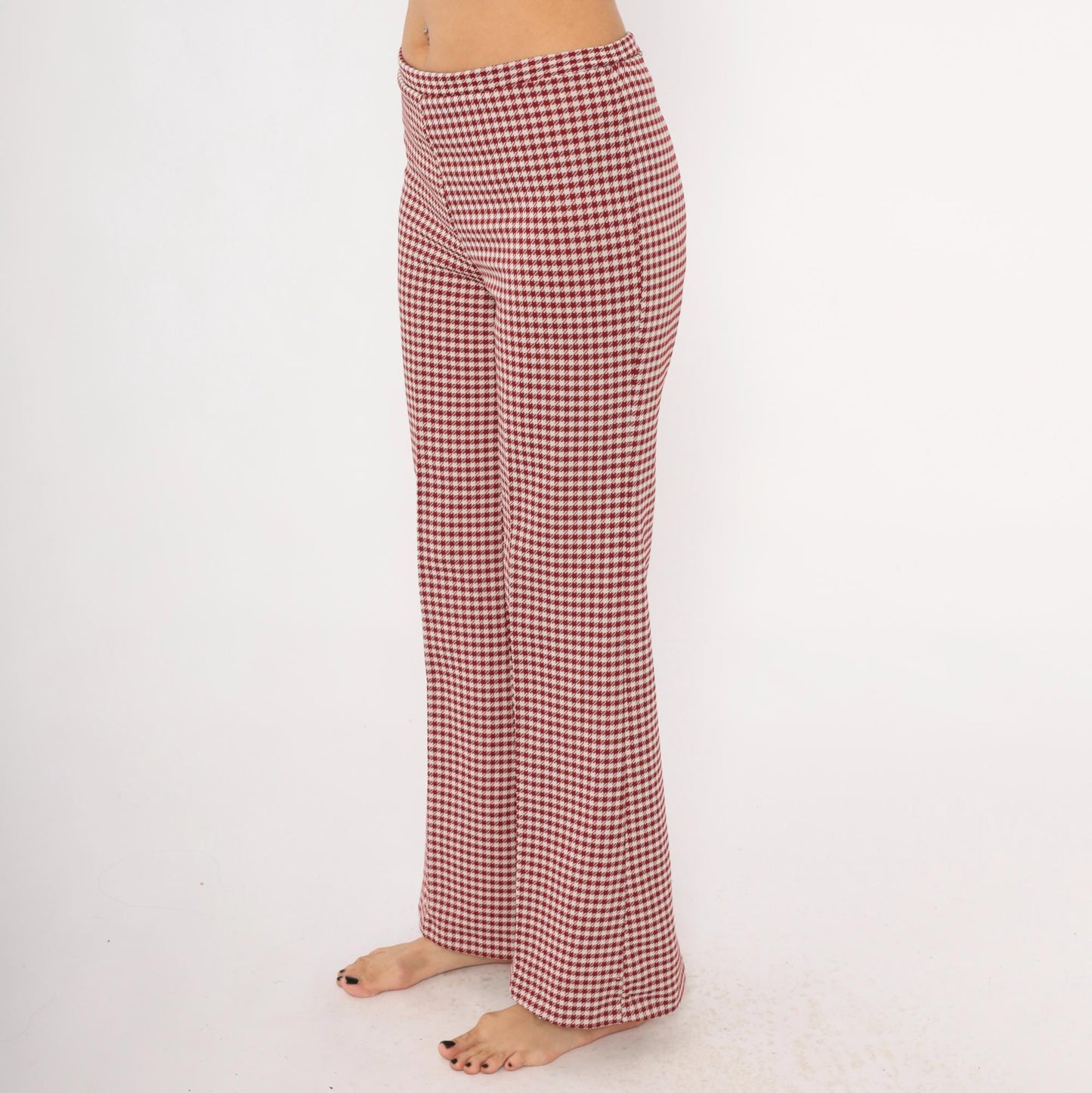 70s Houndstooth Flare Pants Burgundy Cream Low Rise Bell Bottom Medium