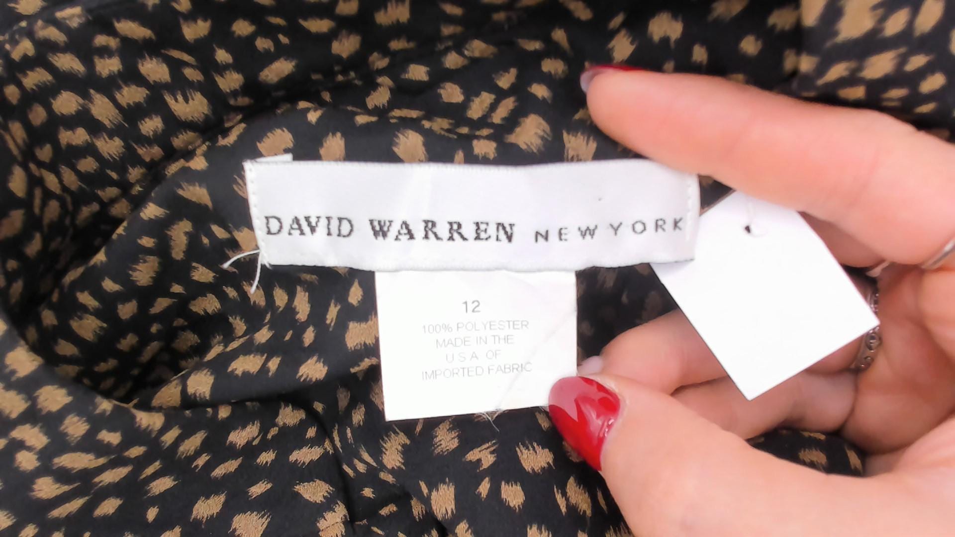 90s David Warren New York Maxi Dress Mandarin Collar Keyhole Black Tan Spotted Large L