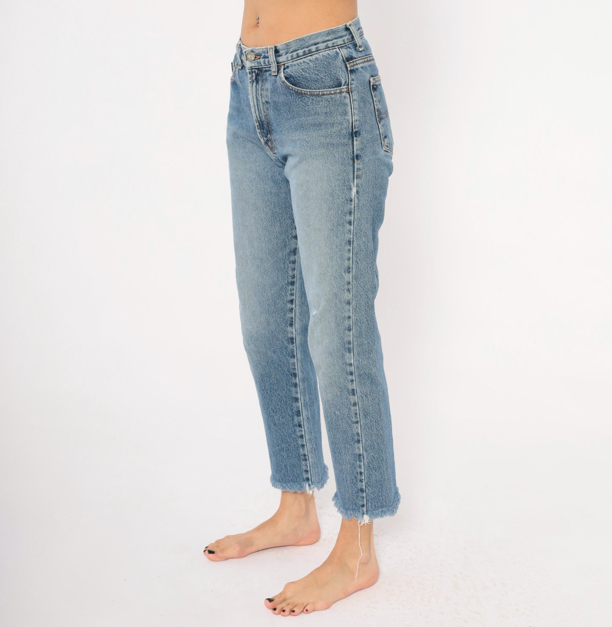 Y2K Bongo Cropped Jeans High Rise Straight Leg Raw Hem Blue Denim Small