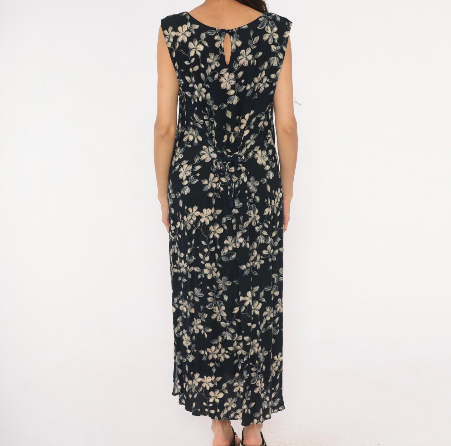 90s Northern Reflections Floral Maxi Dress Navy Cream Grey Keyhole Tie Back Large