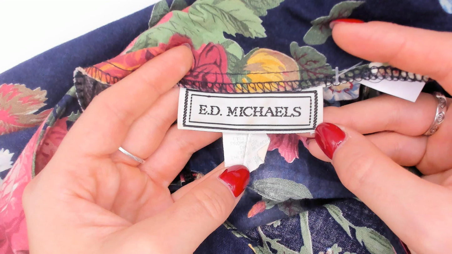 90s E.D. Michaels Floral Midi Dress Navy Cotton Garden Print Scoop Back Small