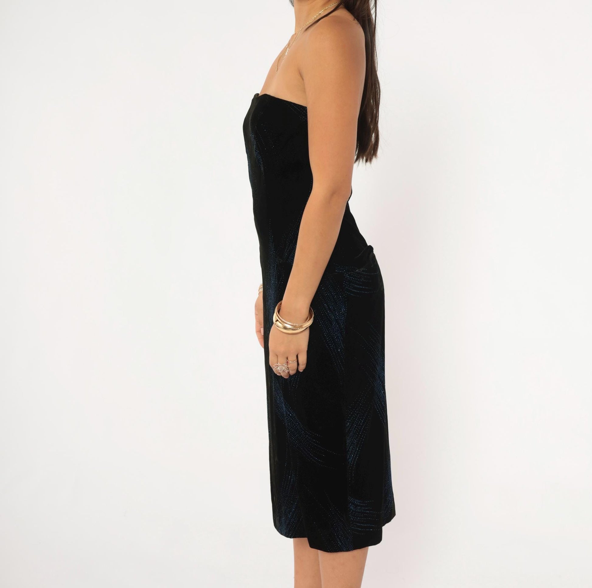 90s A.J. Bari Black Velvet Strapless Dress Blue Glitter Stripe Knee Length Small