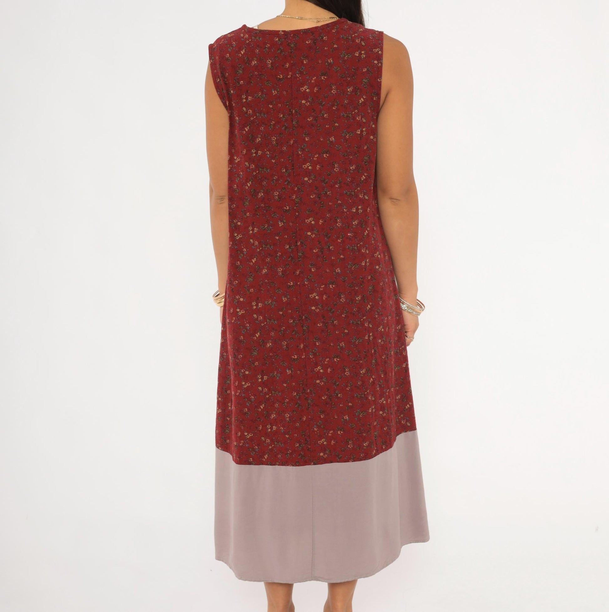 00s Burgundy Floral Ditsy Midi Dress Sleeveless Cotton Shift Small Medium