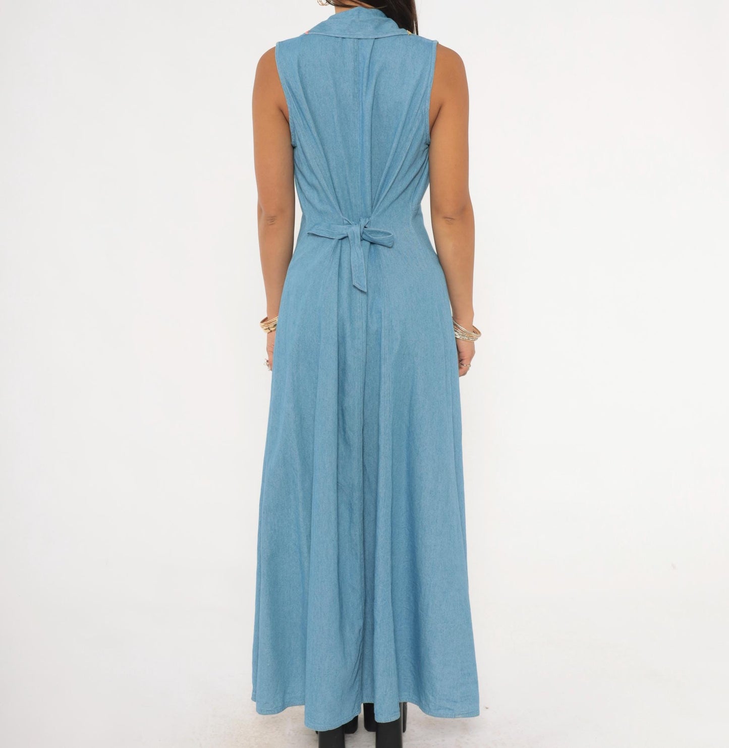 90s Midnite Light Blue Denim Maxi Dress Floral Embroidery Collared Medium M