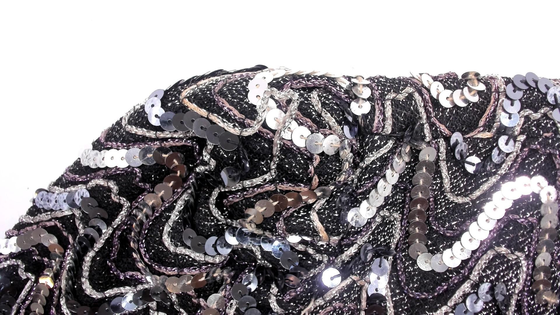 90s Erica Scott Silver Sequin Maxi Dress Chevron Black Plus Size XXL