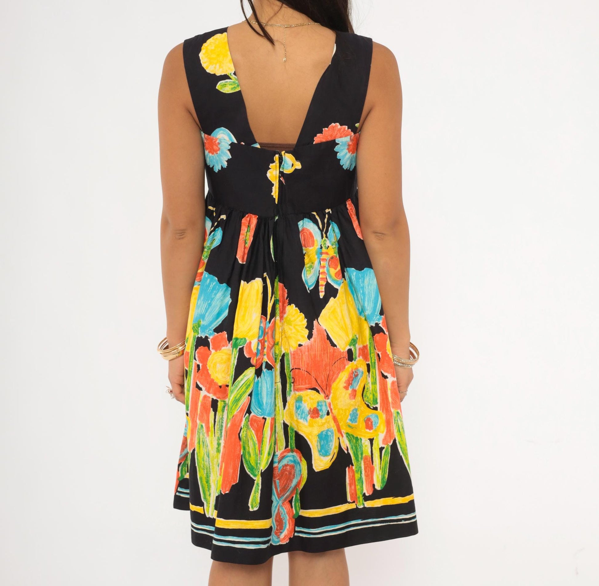 70s Dela Ann Creation Babydoll Dress Black Yellow Butterfly Floral Empire Waist Small
