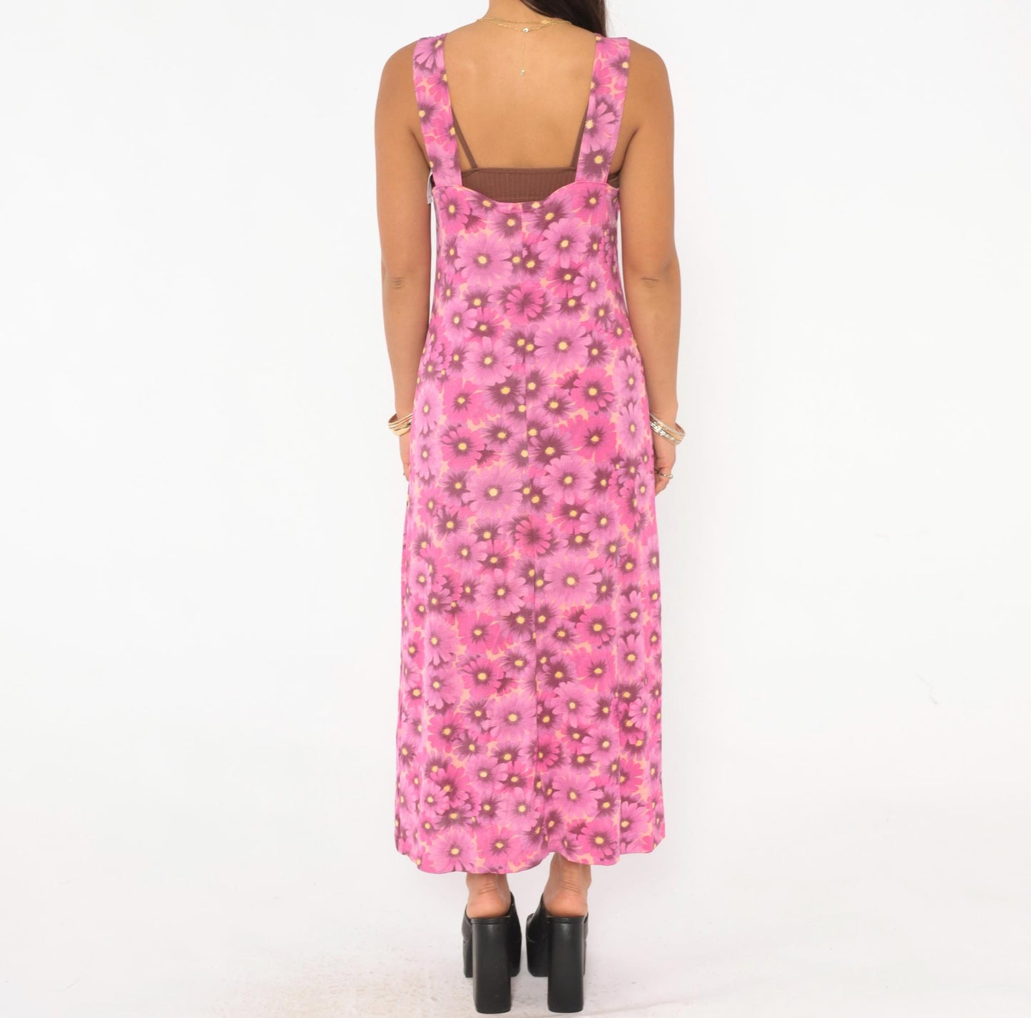 90s Pacific Palm Pink Floral Maxi Dress Daisy Tank Scoop Neck Medium M