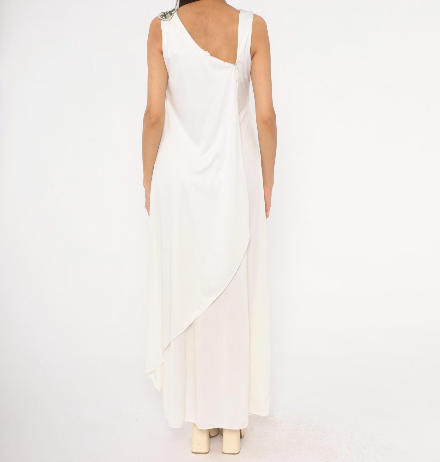 70s White Maxi Gown Asymmetrical Neckline Beaded Crystal Strap Small