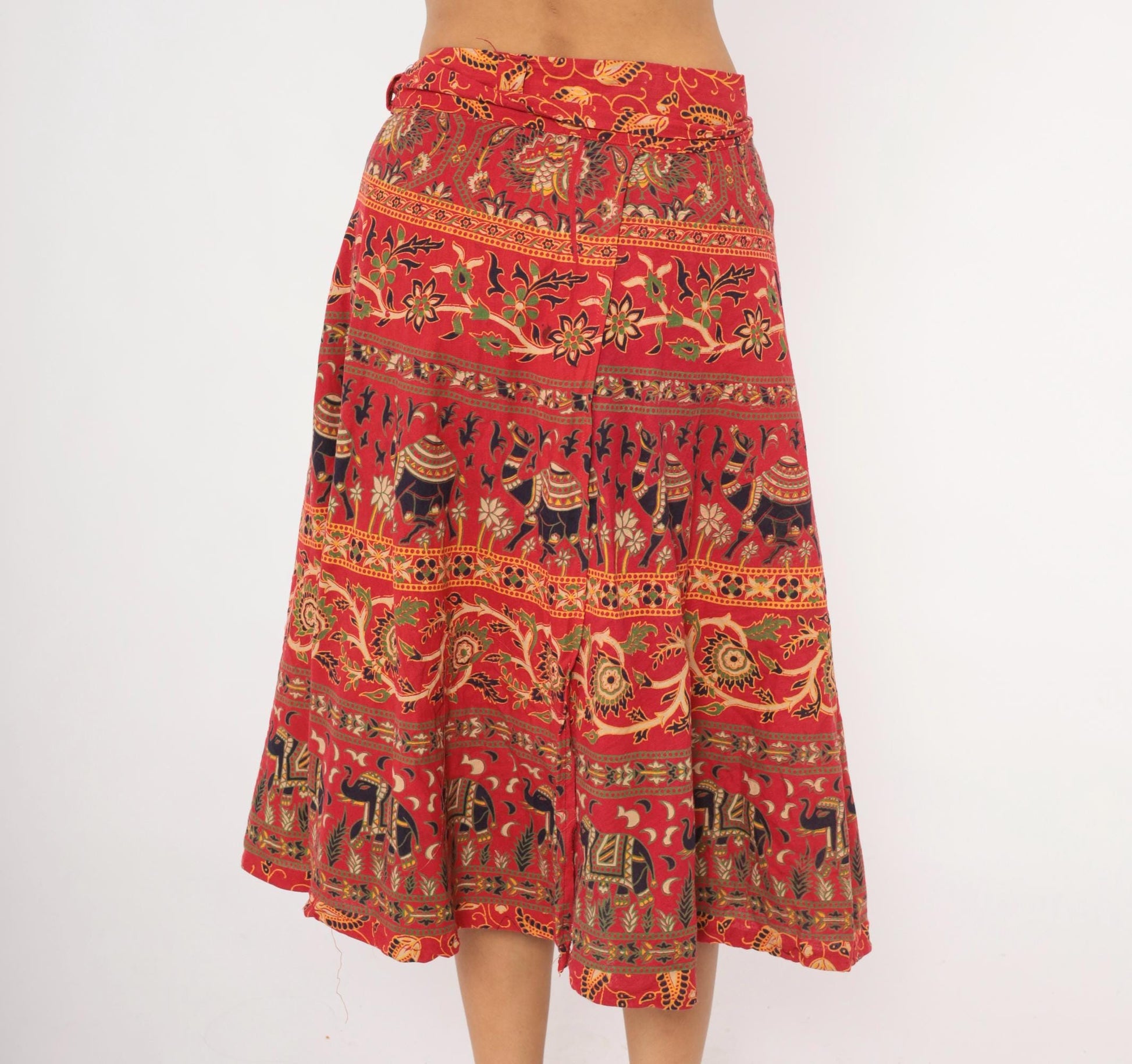 90s Indian Block Print Cotton Wrap Skirt Red Elephant Floral Small
