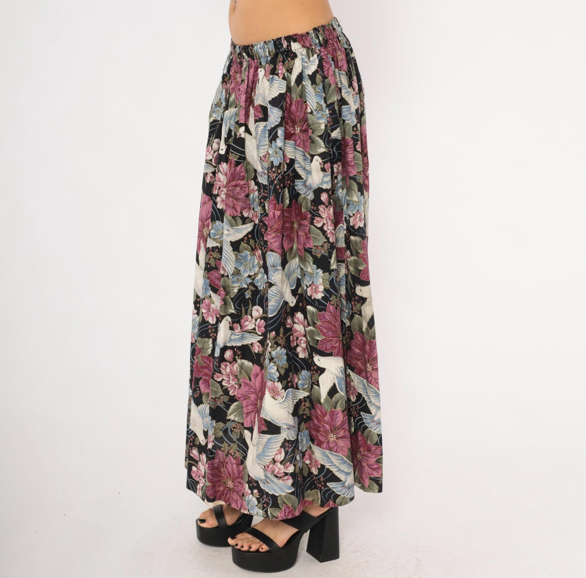 80s Navy Dove Poinsettia Maxi Skirt Cotton Floral A-Line Medium Large