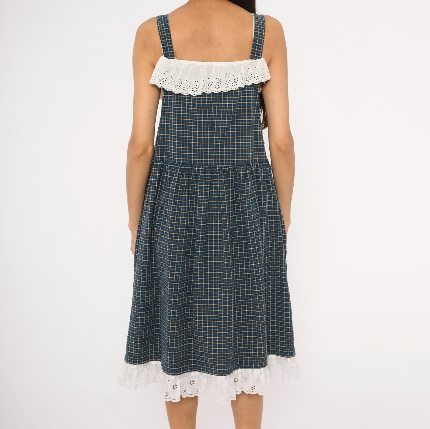80s Navy Tan Plaid Pinafore Sundress Cotton Eyelet Lace Knee Medium