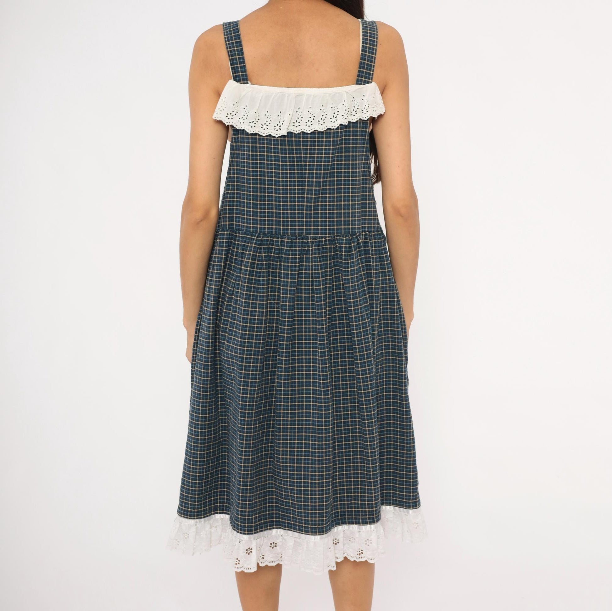 80s Navy Tan Plaid Pinafore Sundress Cotton Eyelet Lace Knee Medium