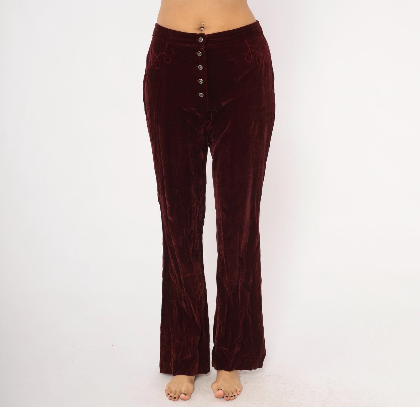 70s Burgundy Crushed Velvet Flare Pants Embroidered Low Rise Medium M