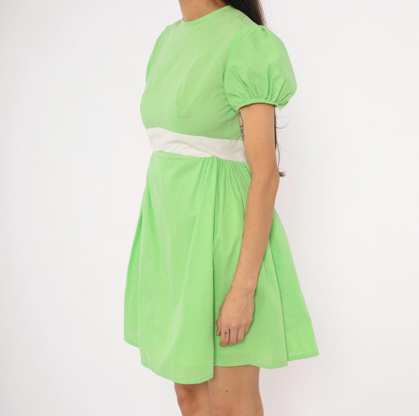70s Lime Green Polka Dot Puff Sleeve Mini Dress Cotton Bow Waist Small S