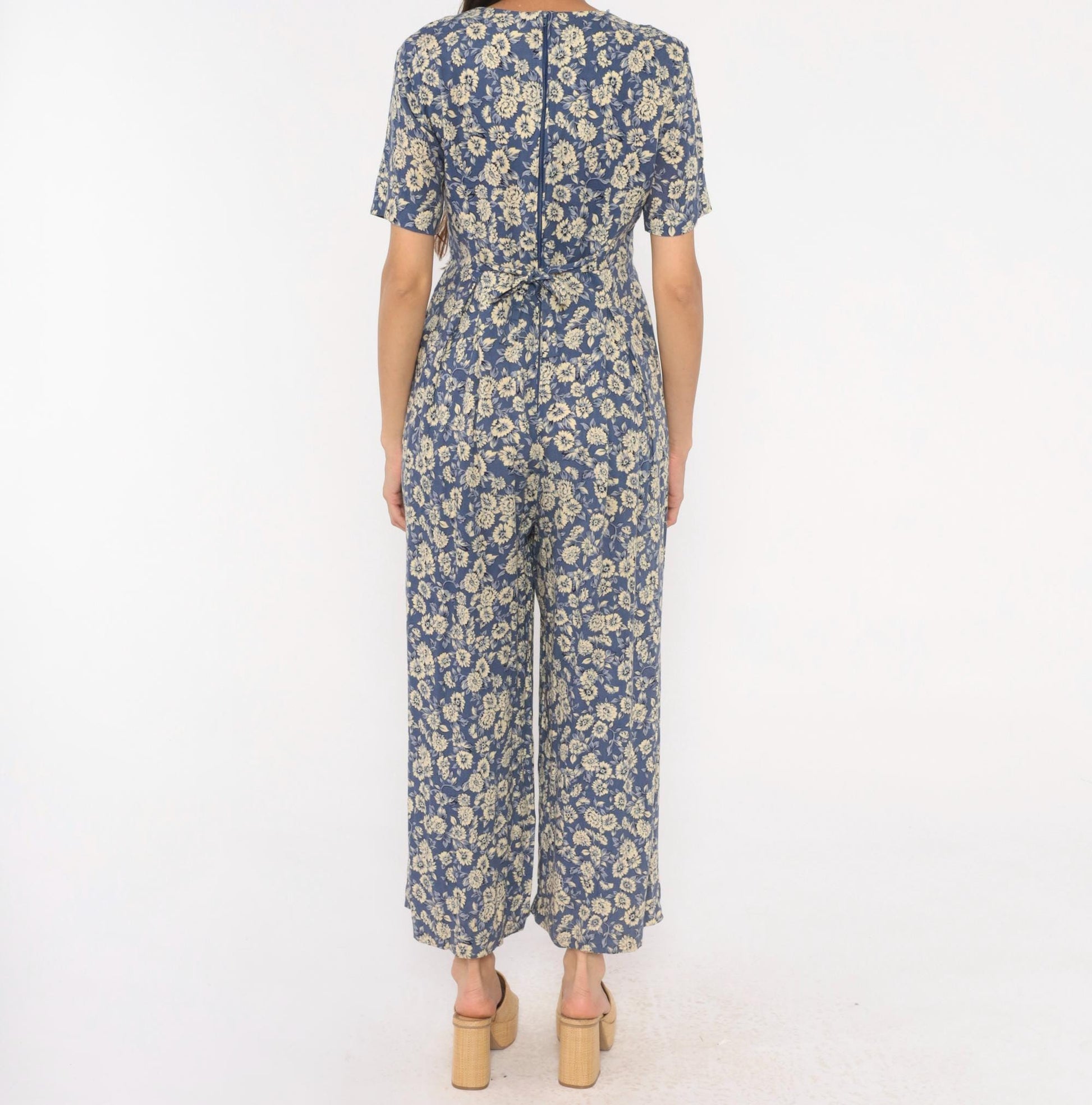 90s Jeffrey & Dara Floral Jumpsuit Cobalt Blue Wide Leg Wrap V Neck Medium M
