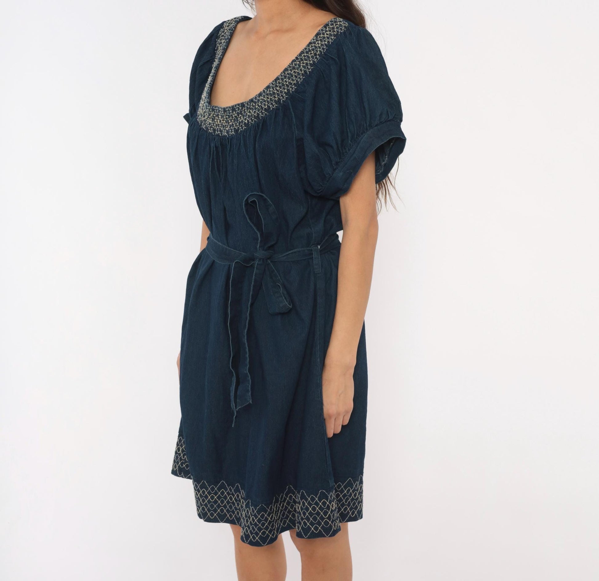 90s Roommates California Navy Denim Mini Dress Puff Sleeve Embroidered Plus Size 3X