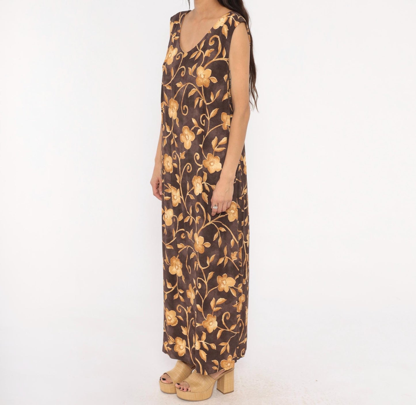 90s AGB Floral Maxi Dress Brown Gold Vine Sleeveless V Neck Plus Size XXL