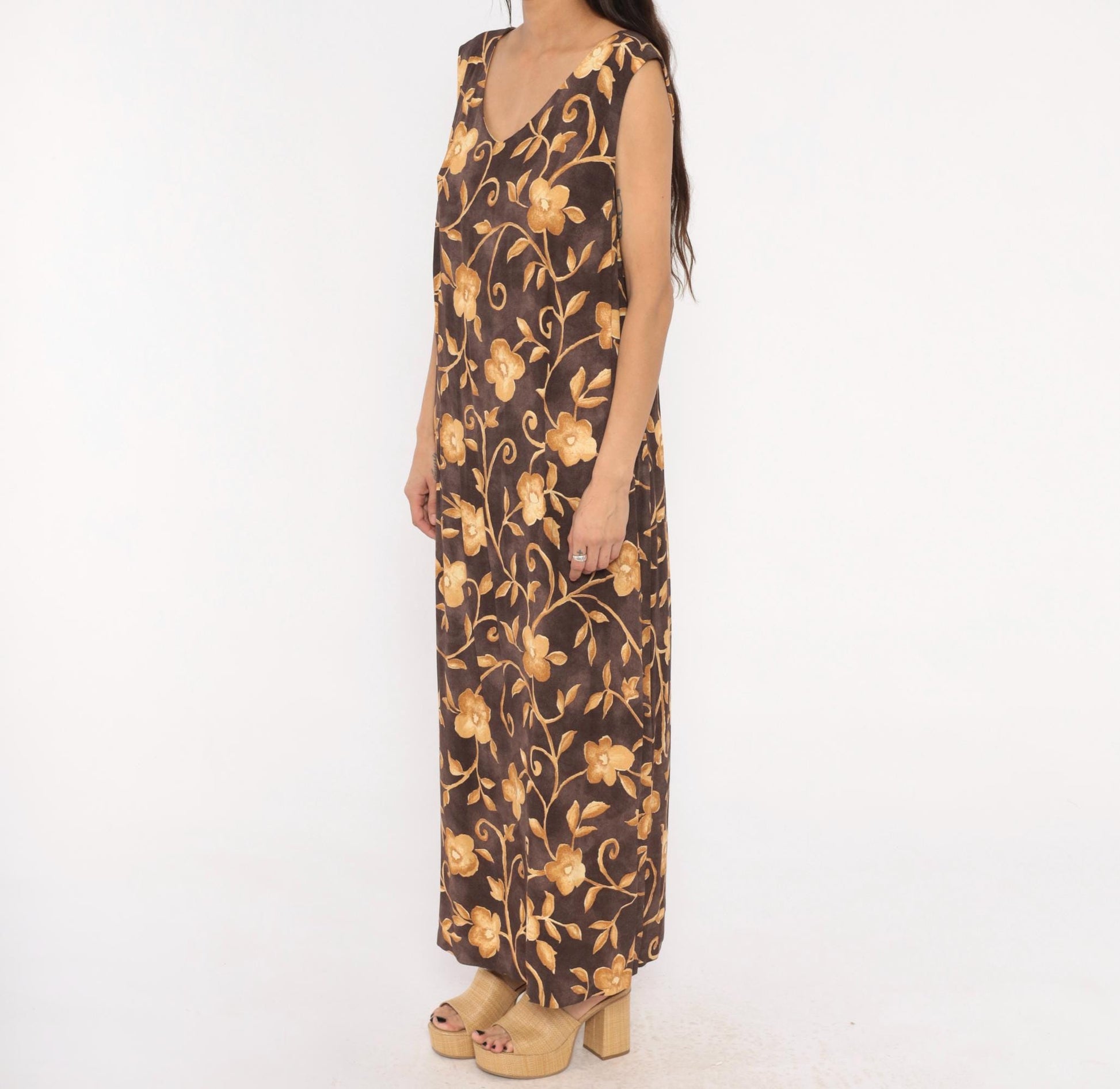90s AGB Floral Maxi Dress Brown Gold Vine Sleeveless V Neck Plus Size XXL