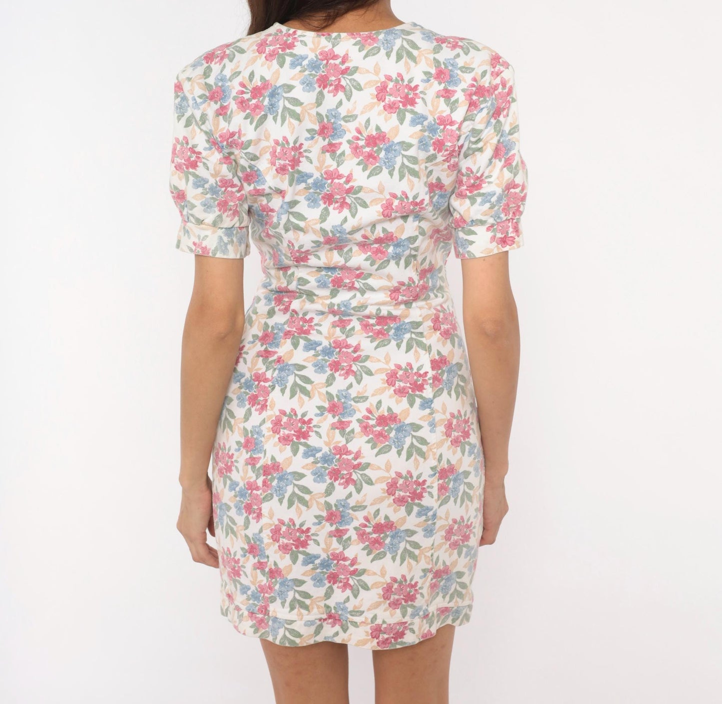 90s Hollywood Blvd Floral Mini Dress Sweetheart Puff Sleeve Cotton Small