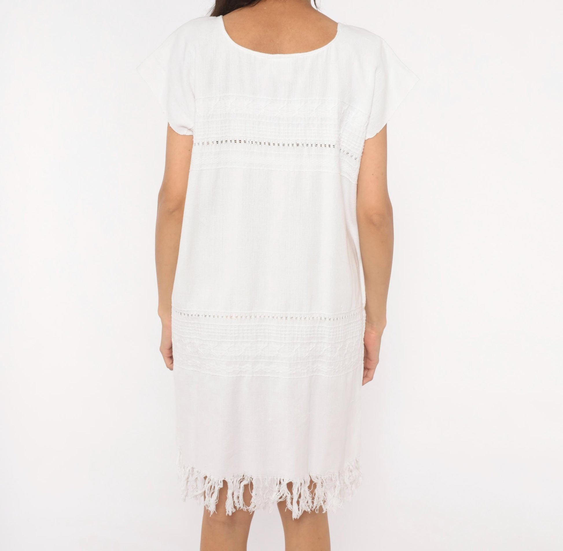 90s Buonarroti White Cotton Handwoven Shift Dress Fringe Hem Medium M