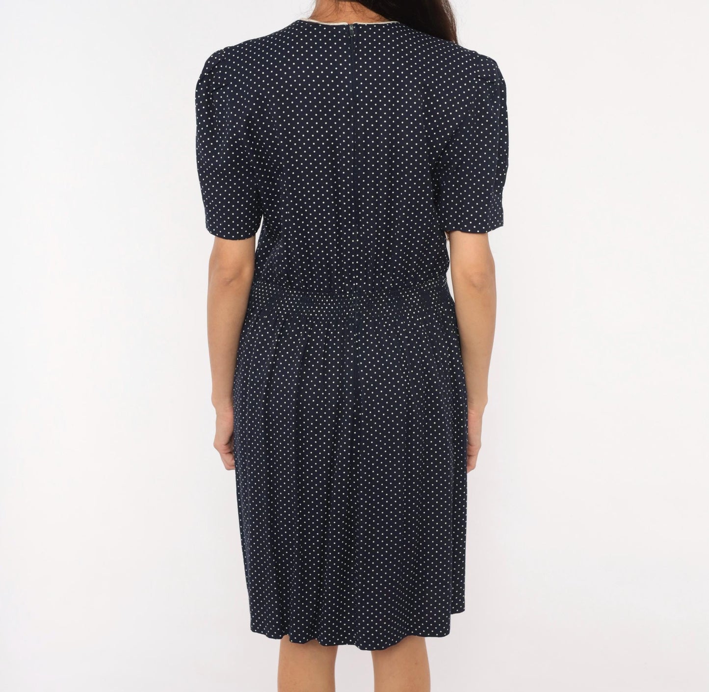 80s Miss Dorby Navy Polka Dot Dress Puff Sleeve Soutache Braid Waist Large L